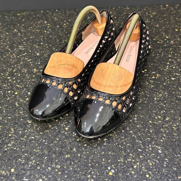 Taryn Rose BEATRIZ Black Woven Patent Leather Cap Toe Ballet Flat - Picture 1 of 6